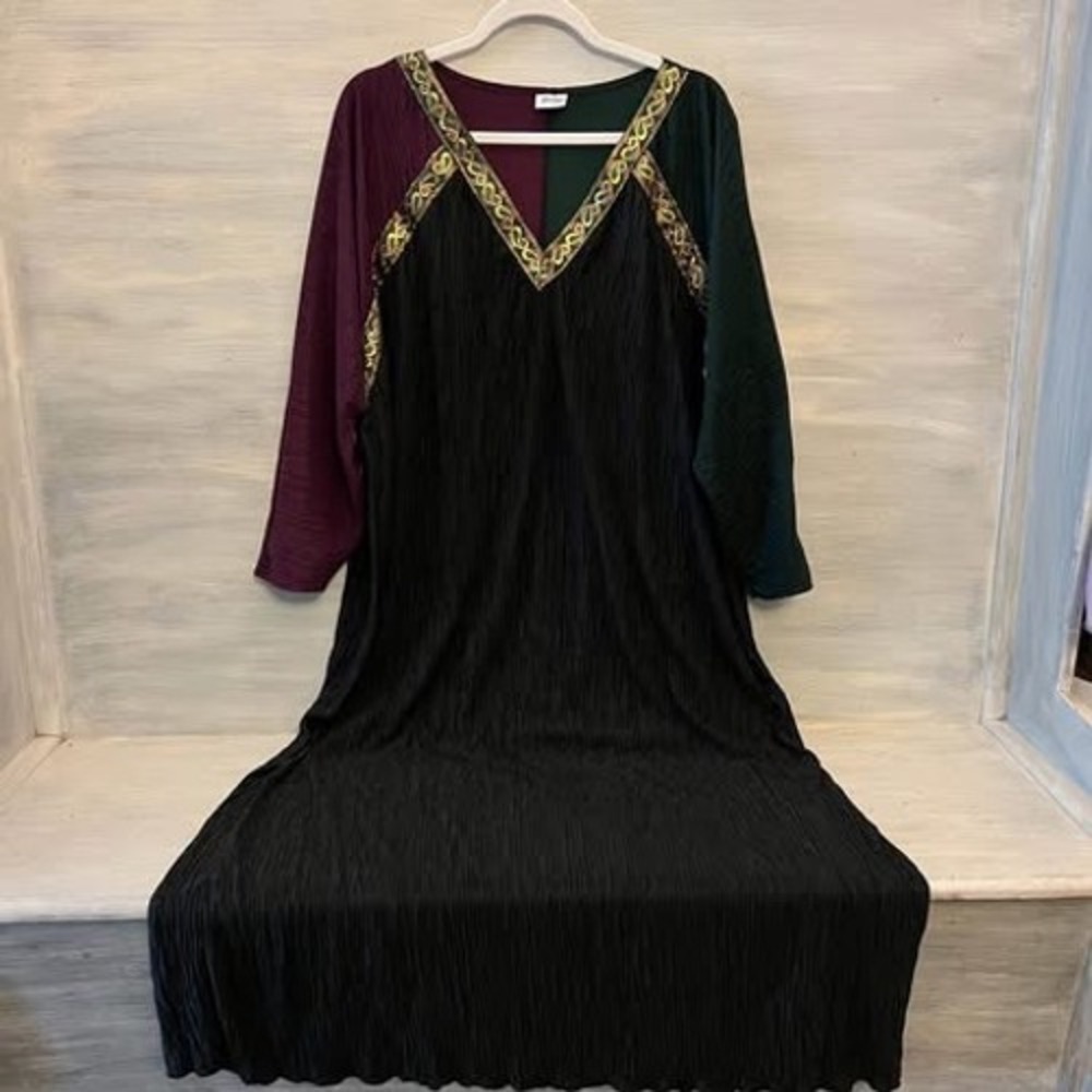 Vintage 1980's Avon Style Jewel Tone Colorblock Vneck Caftan Maxi Dress 2/3X GC